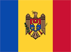 [ai] The flag of Moldova featuring three vertical stripes: blue on the left, yellow in the center with a coat of arms displaying an eagle holding a cross, and red on the right.